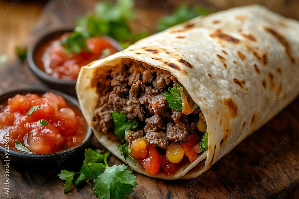 Delicious Beef Burrito with Salsa and Cilantro - Food Photography Delicious Beef Burrito with Salsa and Cilantro - Food Photography