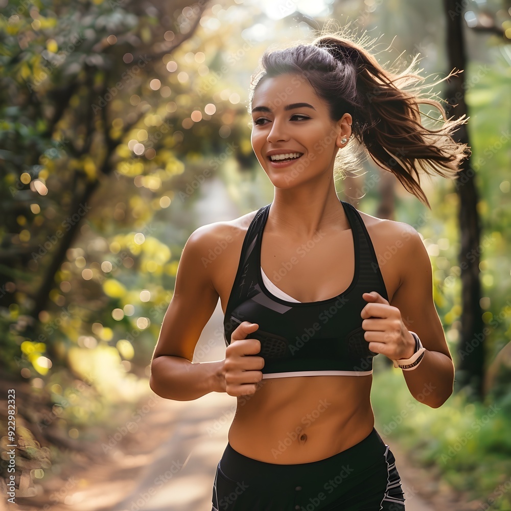 Smiling Woman Running In The Woods. Smiling Woman Running In The Woods.