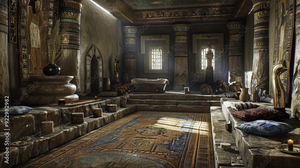 Fototapeta premium Ancient Egyptian Chamber Interior with Stone Pillars and Carpet