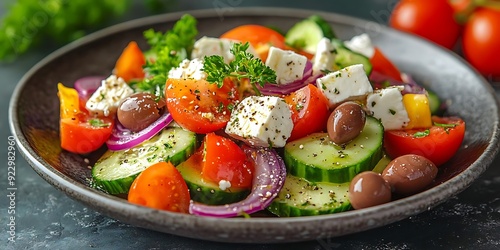 Delicious Greek Salad with Feta Cheese, Cucumbers, Tomatoes, and Olives - Realistic Food Photo