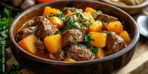 Delicious Beef Stew with Potatoes and Parsley in Wooden Bowl - Food Photography