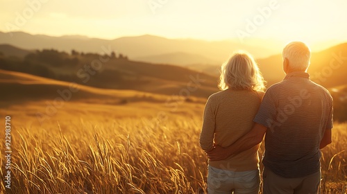 Wallpaper Mural A serene sunset view with an older couple embracing in a golden field, symbolizing love and companionship in nature. Torontodigital.ca