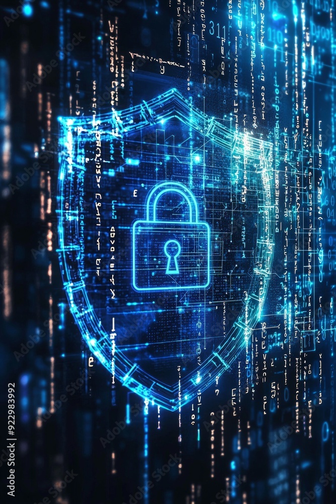 A padlock icon surrounded by a digital shield, with a background of encrypted data streams in various shades of blue