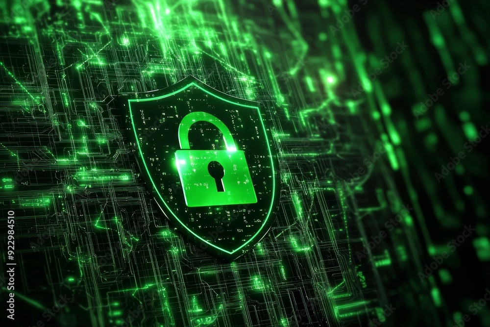 A padlock icon surrounded by a digital shield, with a background of encrypted data streams in various shades of green