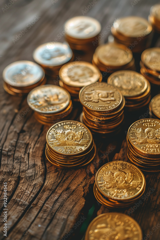 Stacks of gold coins on rustic wooden table symbolizing savings and investment Stacks of gold coins on rustic wooden table symbolizing savings and investment