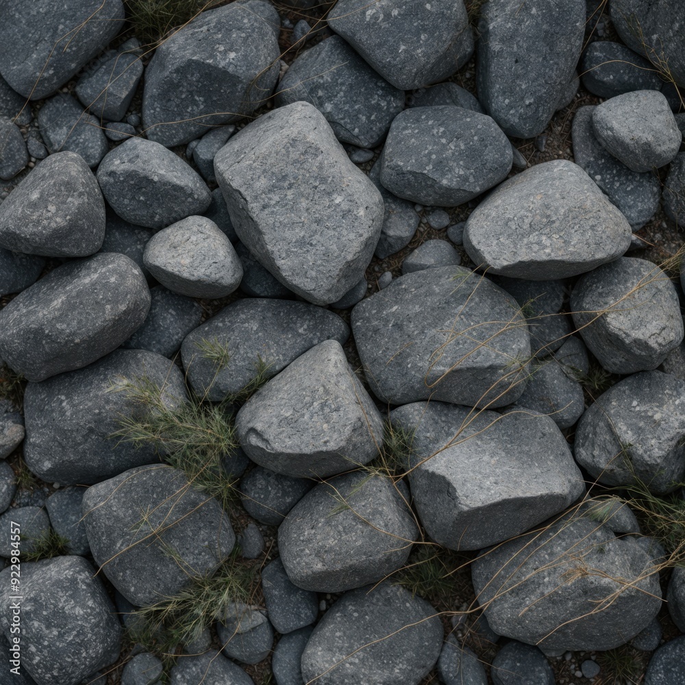 Gray rocks mingling with slender blades of green grass Gray rocks mingling with slender blades of green grass