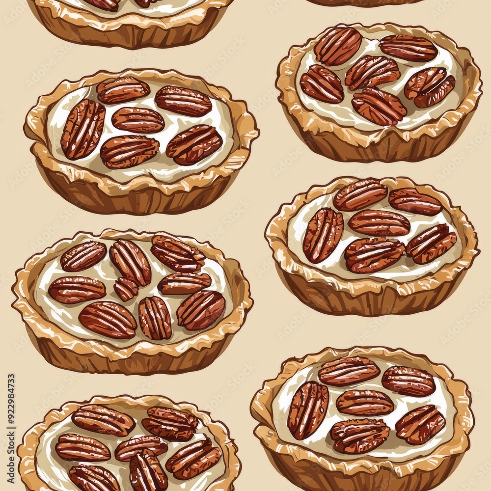 Seamless pattern of pecan pies with glossy, caramelized pecans on a flaky crust Seamless pattern of pecan pies with glossy, caramelized pecans on a flaky crust