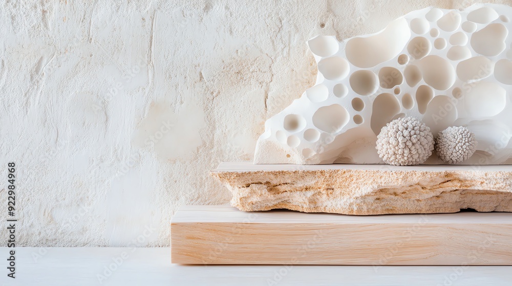 Obraz premium Artistic display of organic shapes and textures on a wooden surface, featuring delicate stones framed by a soft background. Buying green Concept.