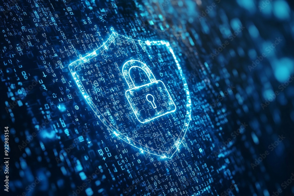 A padlock icon surrounded by a digital shield, with a background of encrypted data streams in various shades of blue A padlock icon surrounded by a digital shield, with a background of encrypted data streams in various shades of blue