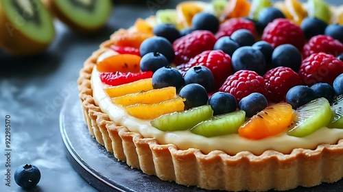 Fruit Tart with Creamy Custard and Fresh Berries - Delicious Dessert Photo