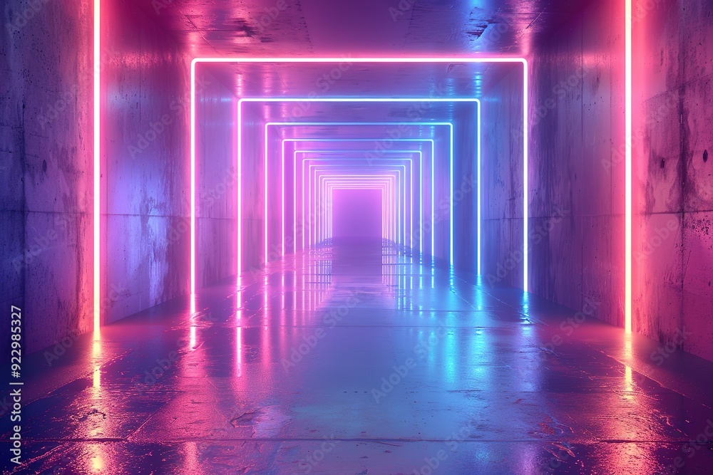 Neon lights in a wet concrete corridor. Neon lights in a wet concrete corridor.