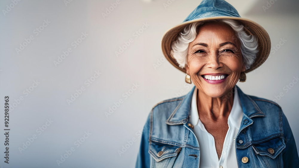 Older woman smiling blue hat jacket gray hair Older woman smiling blue hat jacket gray hair