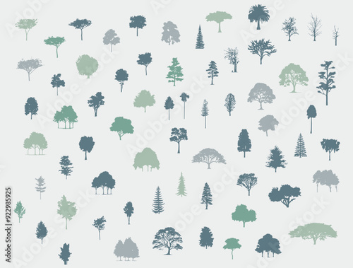 Minimal style cad tree line drawing, Side view, set of graphics trees elements outline symbol for architecture and landscape design drawing. Vector illustration in stroke fill in white. Tropical, oak