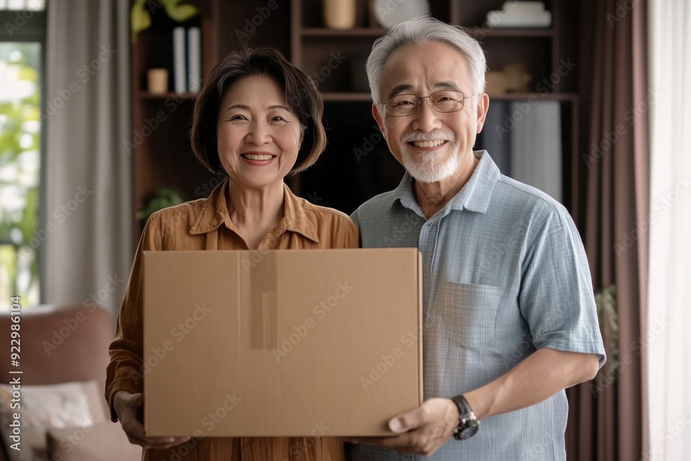couple is holding a cardboard box in a living room. The man is wearing a plaid shirt and the woman is wearing a gray sweater. They are both smiling and seem happy couple is holding a cardboard box in a living room. The man is wearing a plaid shirt and the woman is wearing a gray sweater. They are both smiling and seem happy