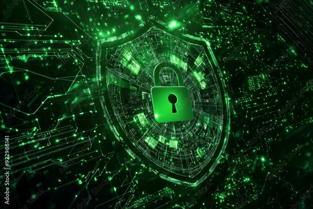 A padlock icon surrounded by a digital shield, with a background of encrypted data streams in various shades of green A padlock icon surrounded by a digital shield, with a background of encrypted data streams in various shades of green