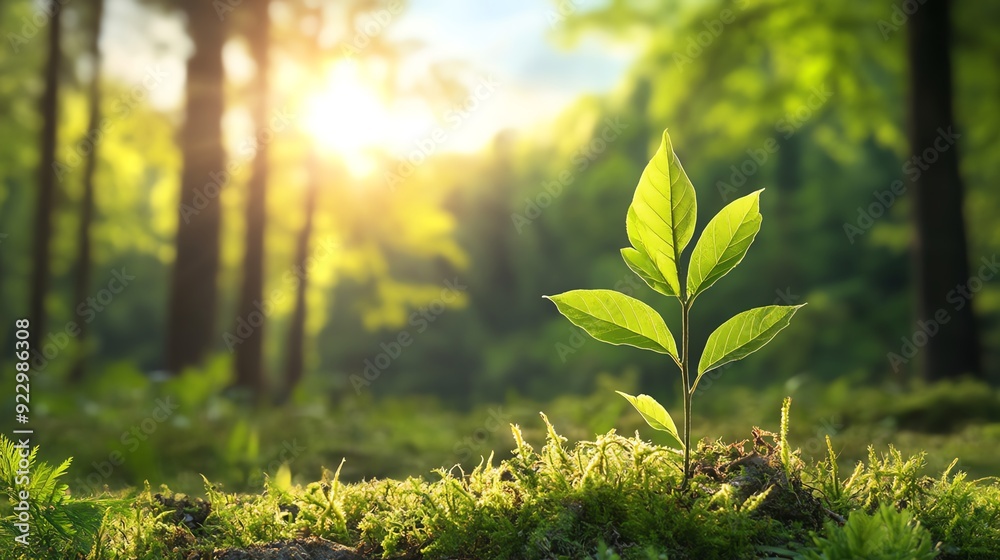 A vibrant green plant emerging from lush grass, bathed in warm sunlight, symbolizing growth and renewal in a serene forest. Buying green Concept. A vibrant green plant emerging from lush grass, bathed in warm sunlight, symbolizing growth and renewal in a serene forest. Buying green Concept.