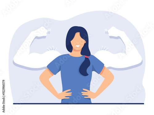 Woman power and high esteem concept illustration. Brave confident smiling woman standing showing biceps shadows facing fears like powerful hero. Vector illustration.