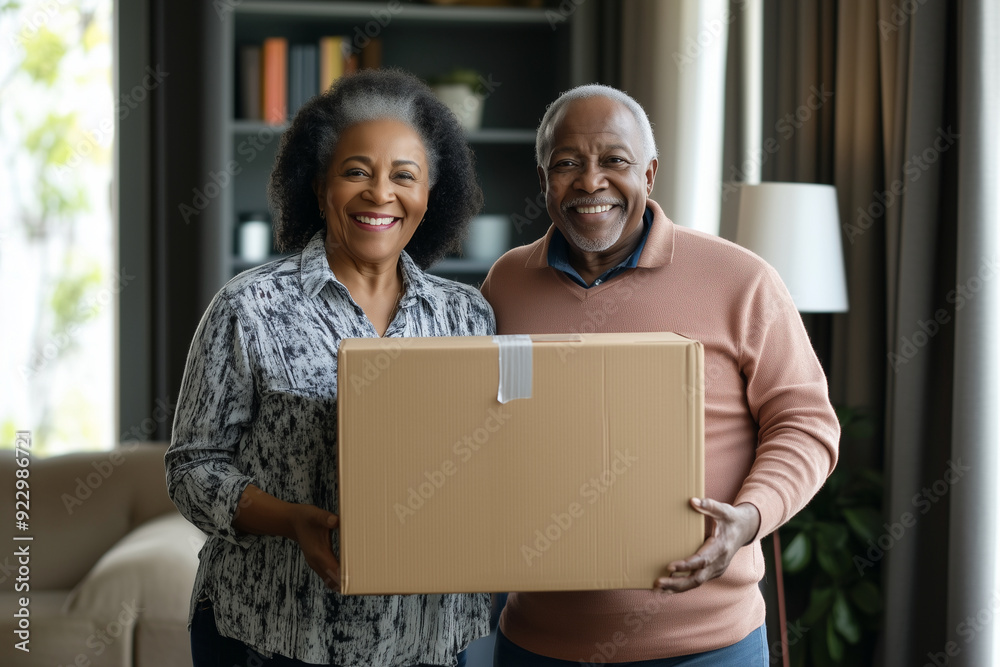 couple is holding a cardboard box in a living room. They are smiling and seem happy. The box is placed in front of them, and they are posing for a picture