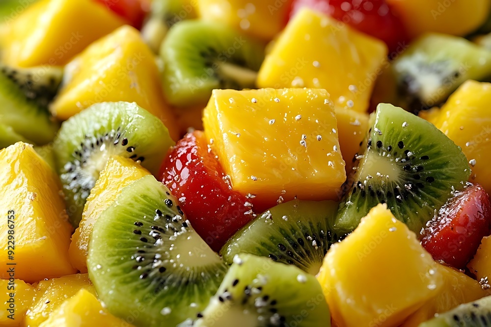 Close-Up of Fresh Fruit Salad with Mango, Kiwi, and Strawberries Close-Up of Fresh Fruit Salad with Mango, Kiwi, and Strawberries