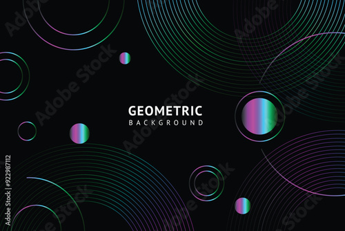 Abstract background black and colorful geometric circle lines pattern. Minimal modern banner. Futuristic, digital technology. Banner, flyer, cover, and brochure
