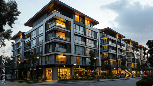 Contemporary Apartment Complex at Dusk with Warm Interior Lighting

