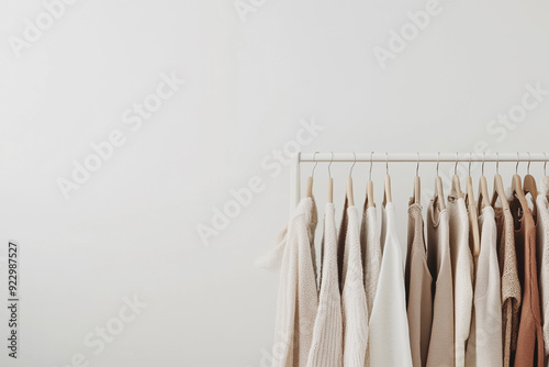 rack of clothes is hanging on a white wall. The clothes are all different colors and styles, and they are all hanging on the same rack. Concept of organization and order