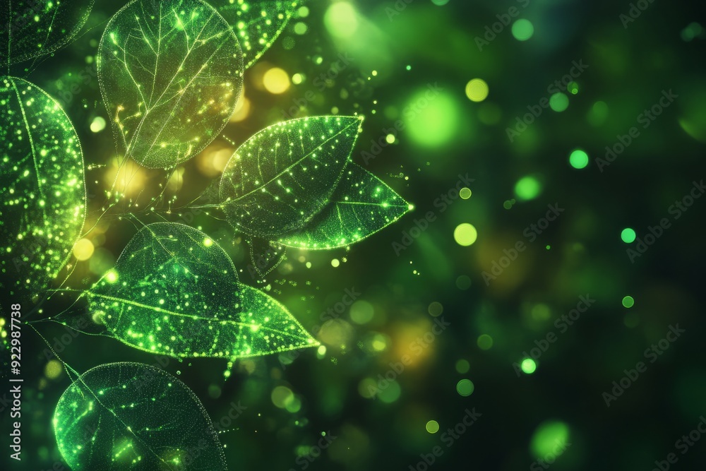 Abstract background with green leaves and bioluminescence. organic shape Abstract background with green leaves and bioluminescence. organic shape