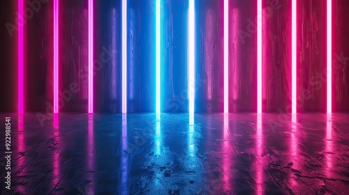 Wallpaper Mural 3d render, abstract background with neon glowing lines and vertical flow on black background. Glowing blue pink red light rays Torontodigital.ca