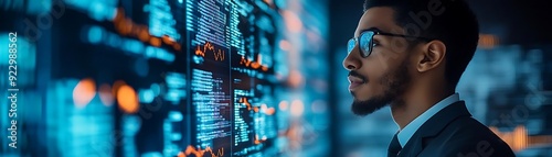 Man in Suit Looking at Screen with Data and Code - Realistic Image