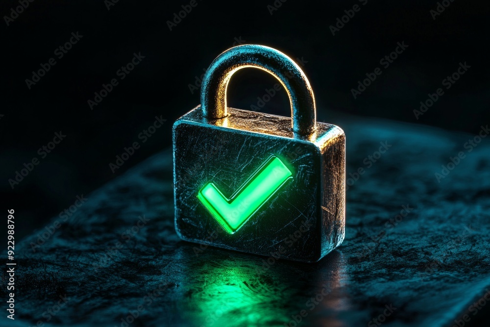 Fototapeta premium A padlock icon with a glowing green checkmark, symbolizing successful cybersecurity verification 