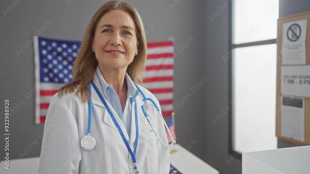Confident female doctor with stethoscope stands in an office, american flag in the background. Confident female doctor with stethoscope stands in an office, american flag in the background.