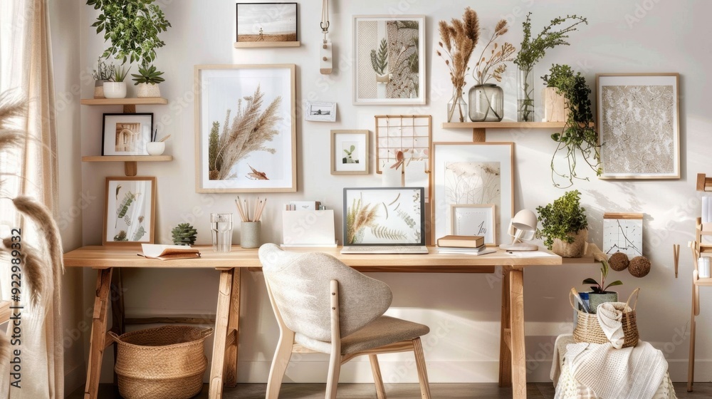 A home office with a desk and chair, a computer, and a basket of plants A home office with a desk and chair, a computer, and a basket of plants