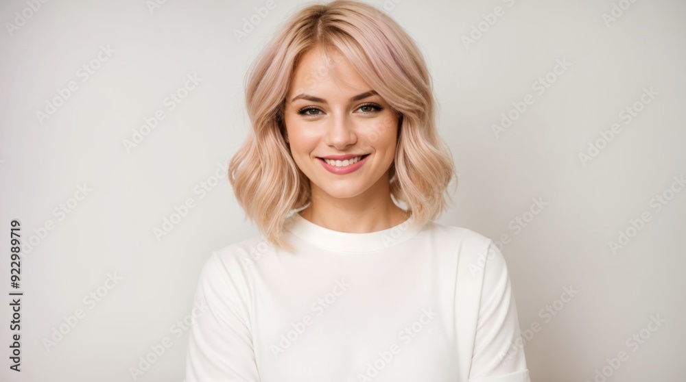 Happy woman with blonde hair against plain backdrop Happy woman with blonde hair against plain backdrop