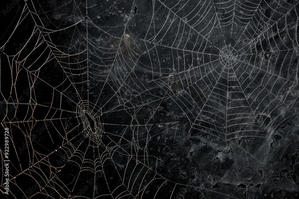 Fototapeta premium Intricate Spider Webs on Dark Background with Subtle Light