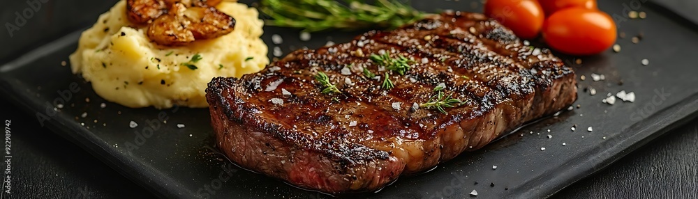 Grilled Steak with Mashed Potatoes and Cherry Tomatoes - Food Photography Grilled Steak with Mashed Potatoes and Cherry Tomatoes - Food Photography