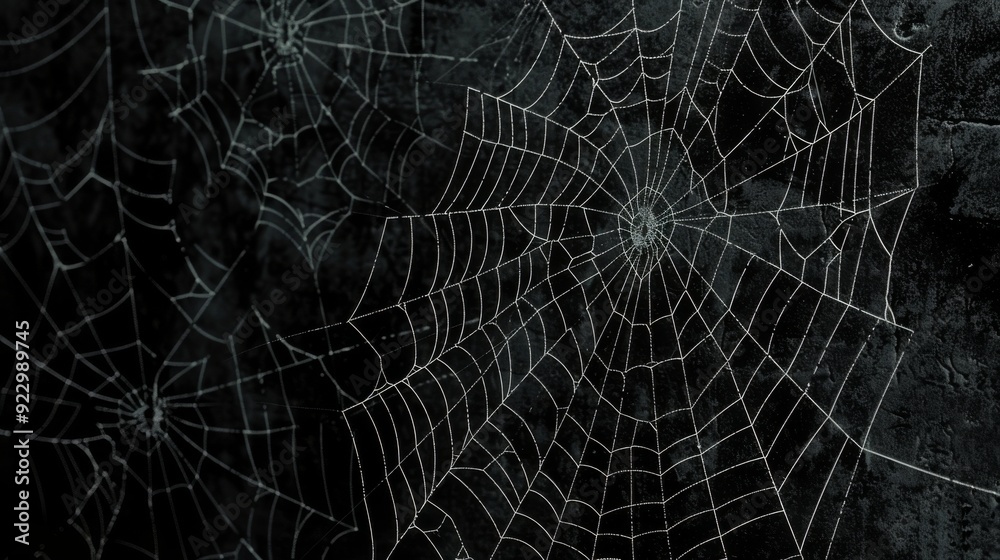 Fototapeta premium Intricate Spider Webs on Dark Background with Subtle Light