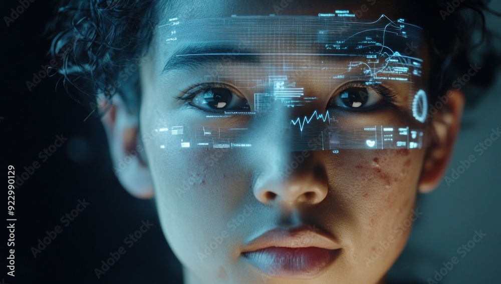 Close-up Portrait of a Young Woman Wearing a Futuristic Headband Display Close-up Portrait of a Young Woman Wearing a Futuristic Headband Display