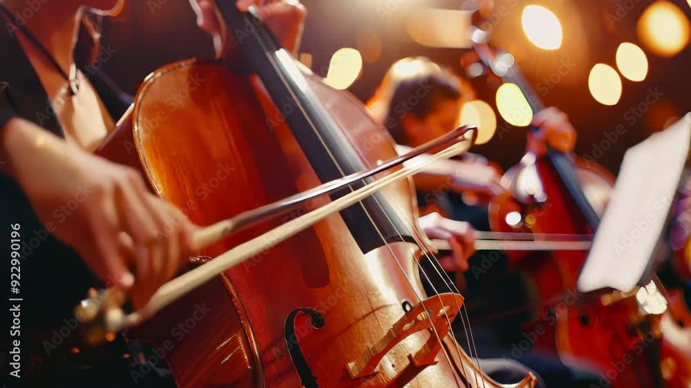 close up shot woman hand playing cello at Symphony concert, Classical music concert performance