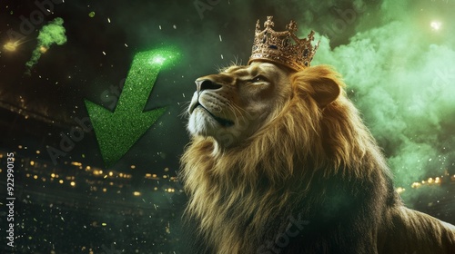 premier league lion with crown, football stadium, green light flying around, celebrations mood, arrow up like percents graf photo