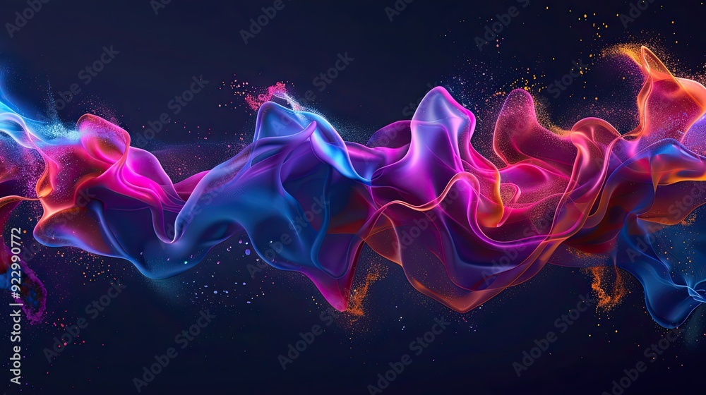 Color splash and waves. Digital art, 2D illustration. Vector illustration. Abstract design vector. Colored smoke or paint splashes on dark background Color splash and waves. Digital art, 2D illustration. Vector illustration. Abstract design vector. Colored smoke or paint splashes on dark background