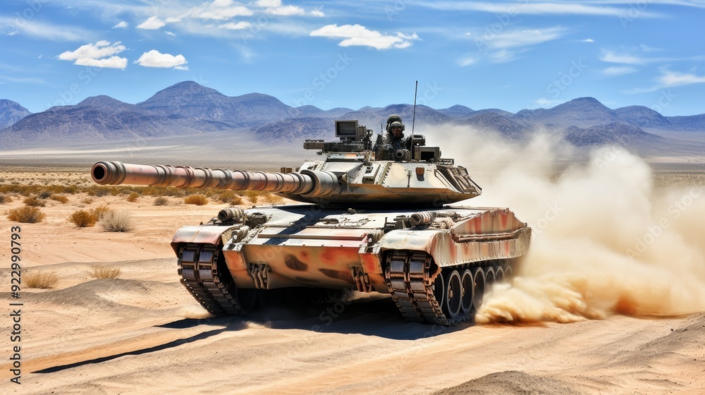 Speeding tank in desert camouflage with crew member in helmet and goggles visible from turret hatch Speeding tank in desert camouflage with crew member in helmet and goggles visible from turret hatch