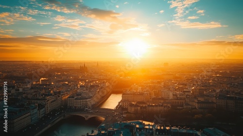 Fototapeta Naklejka Na Ścianę i Meble -  Photo of Bright sunlight shines on a European city, high angle view on a very hot day , heat wave , Generative AI