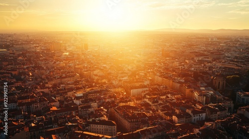 Photo of Bright sunlight shines on a European city, high angle view on a very hot day , heat wave , Generative AI