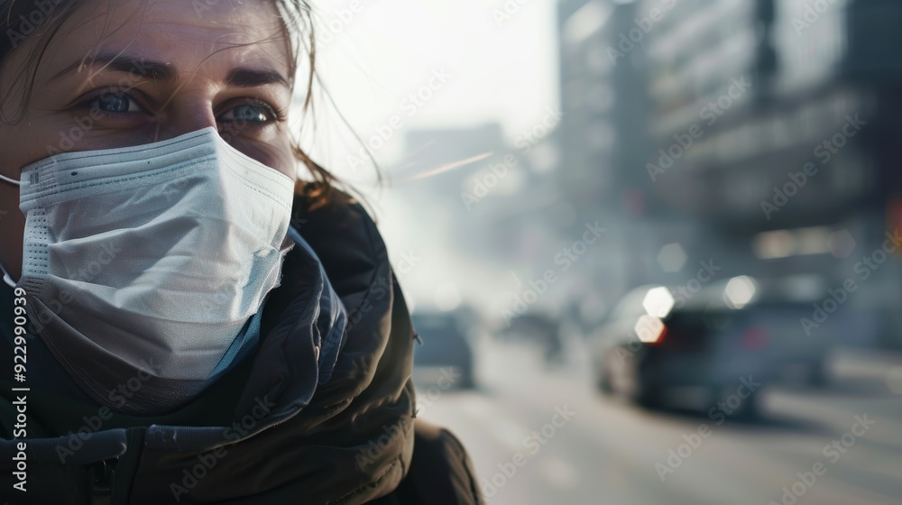 A woman wearing a protective mask on a busy street, symbolizing safety and health amidst urban life and pollution. A woman wearing a protective mask on a busy street, symbolizing safety and health amidst urban life and pollution.