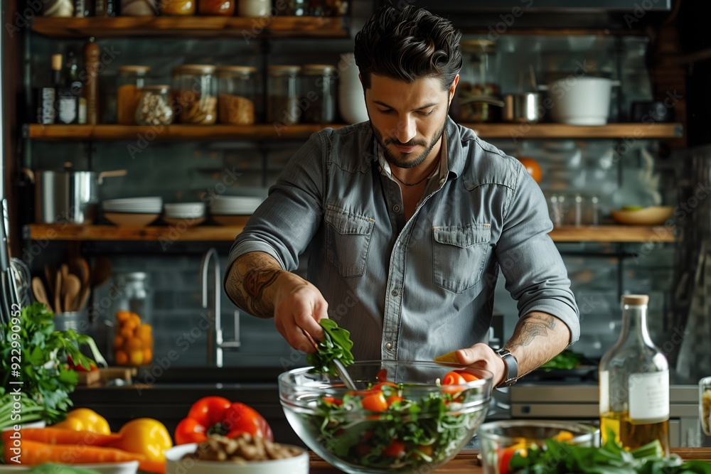 Man preparing a healthy salad in a modern kitchen. Man preparing a healthy salad in a modern kitchen.