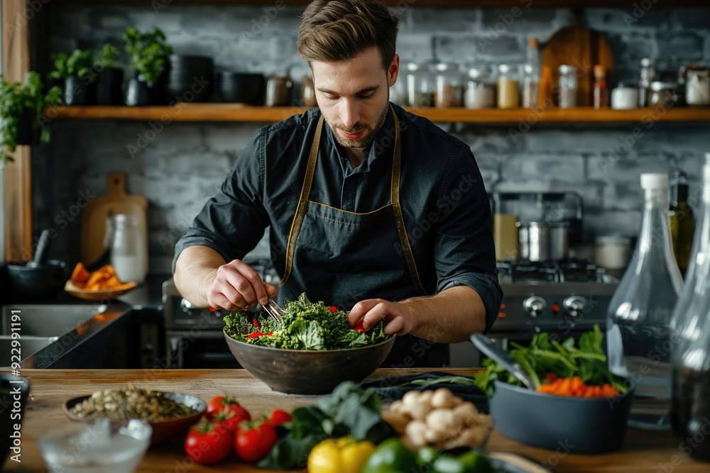 Man preparing a salad in a kitchen, adding kale to a bowl.