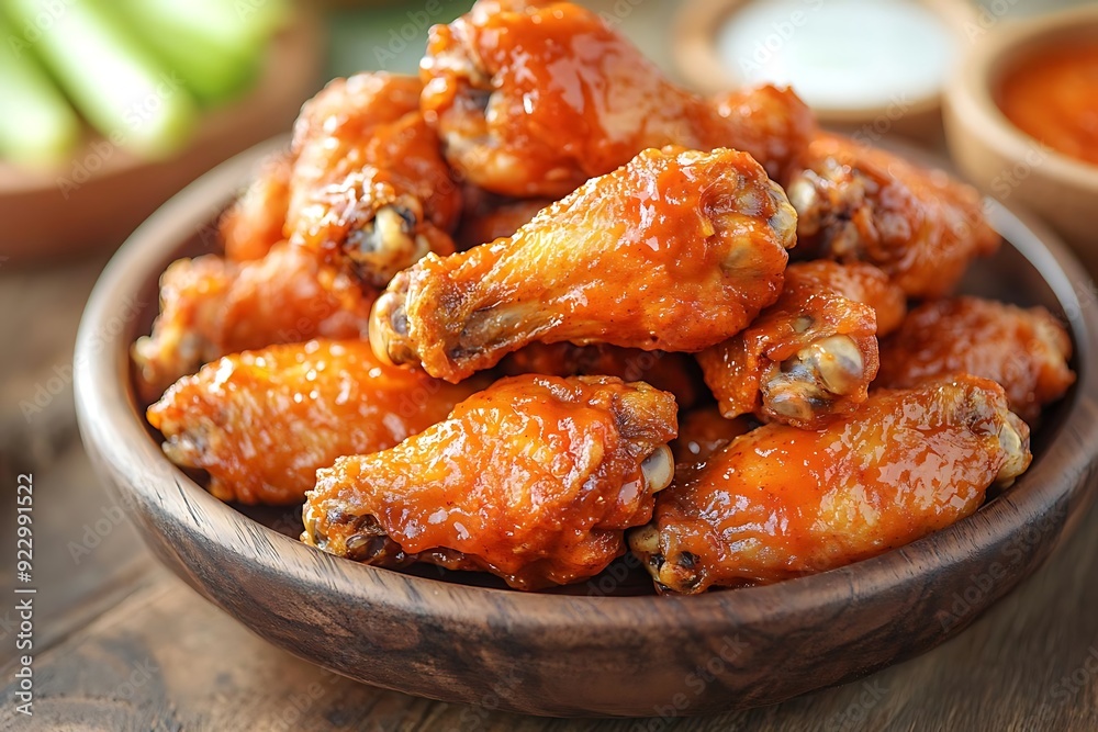 Closeup of Delicious Buffalo Chicken Wings in a Wooden Bowl - Photo Closeup of Delicious Buffalo Chicken Wings in a Wooden Bowl - Photo