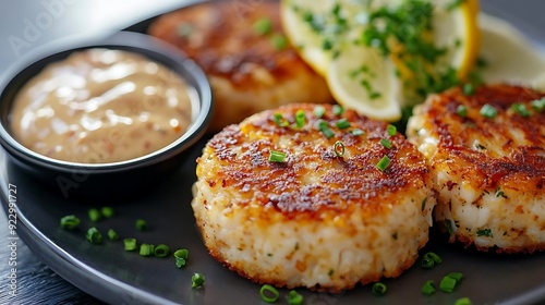 Closeup of Delicious Fried Crab Cakes with Lemon Wedges and Creamy Sauce - Food Photography