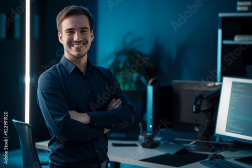Confident Male Professional in Innovative Uniform Embracing Digital Evolution