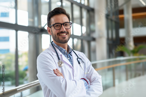 Portrait of young male doctor with stethoscope, close up